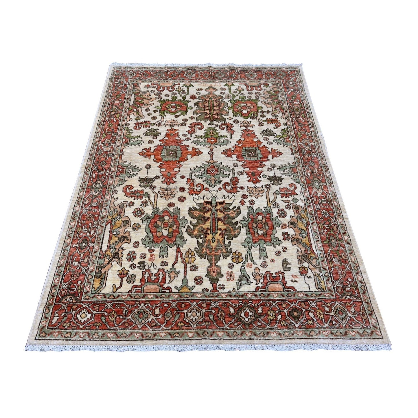 4'8"X6'3" White Heris All Over Design Hand Knotted High Mountain Wool Rug