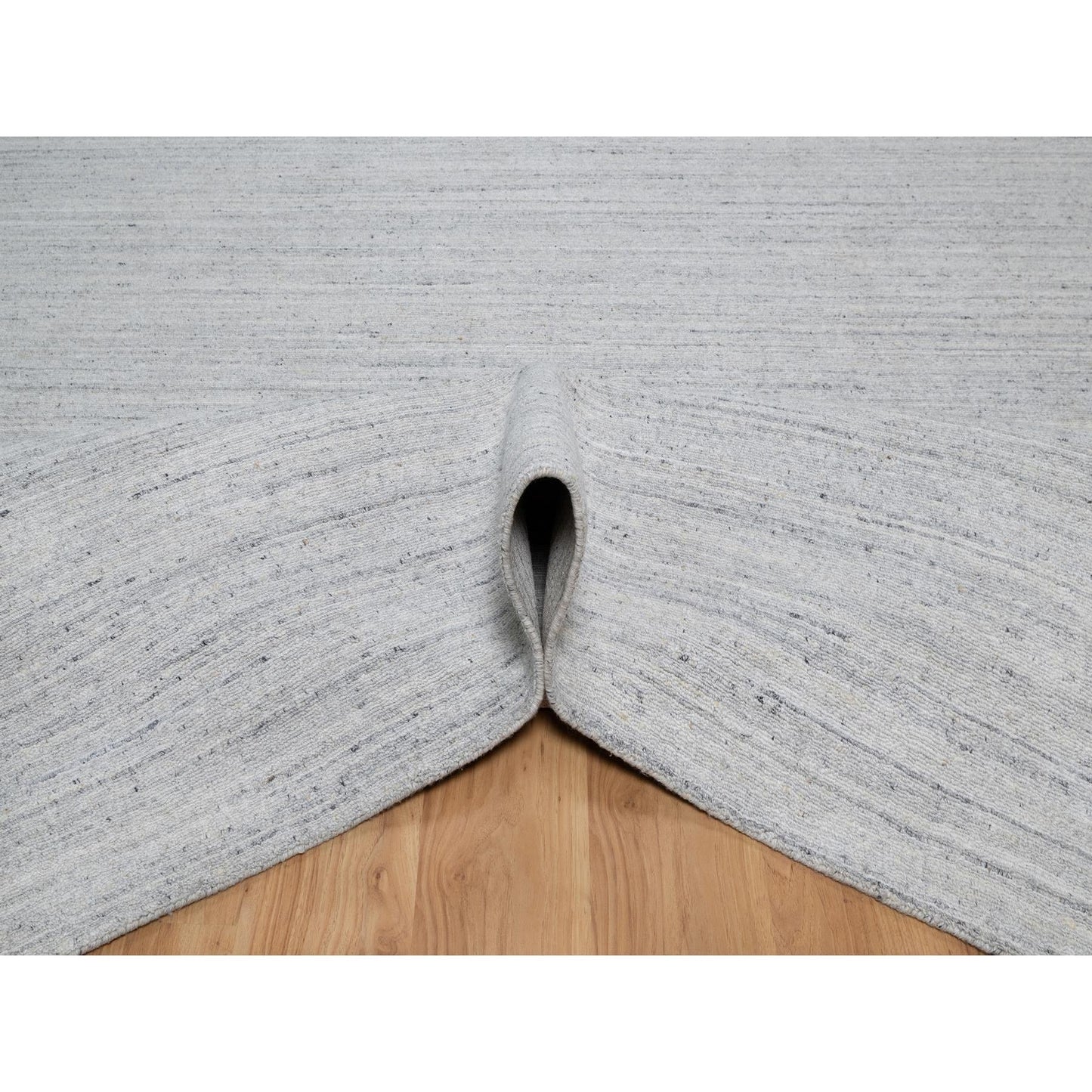 9'X12' Snow White Natural Wool Plain Modern Striae Design Hand Loomed Rug