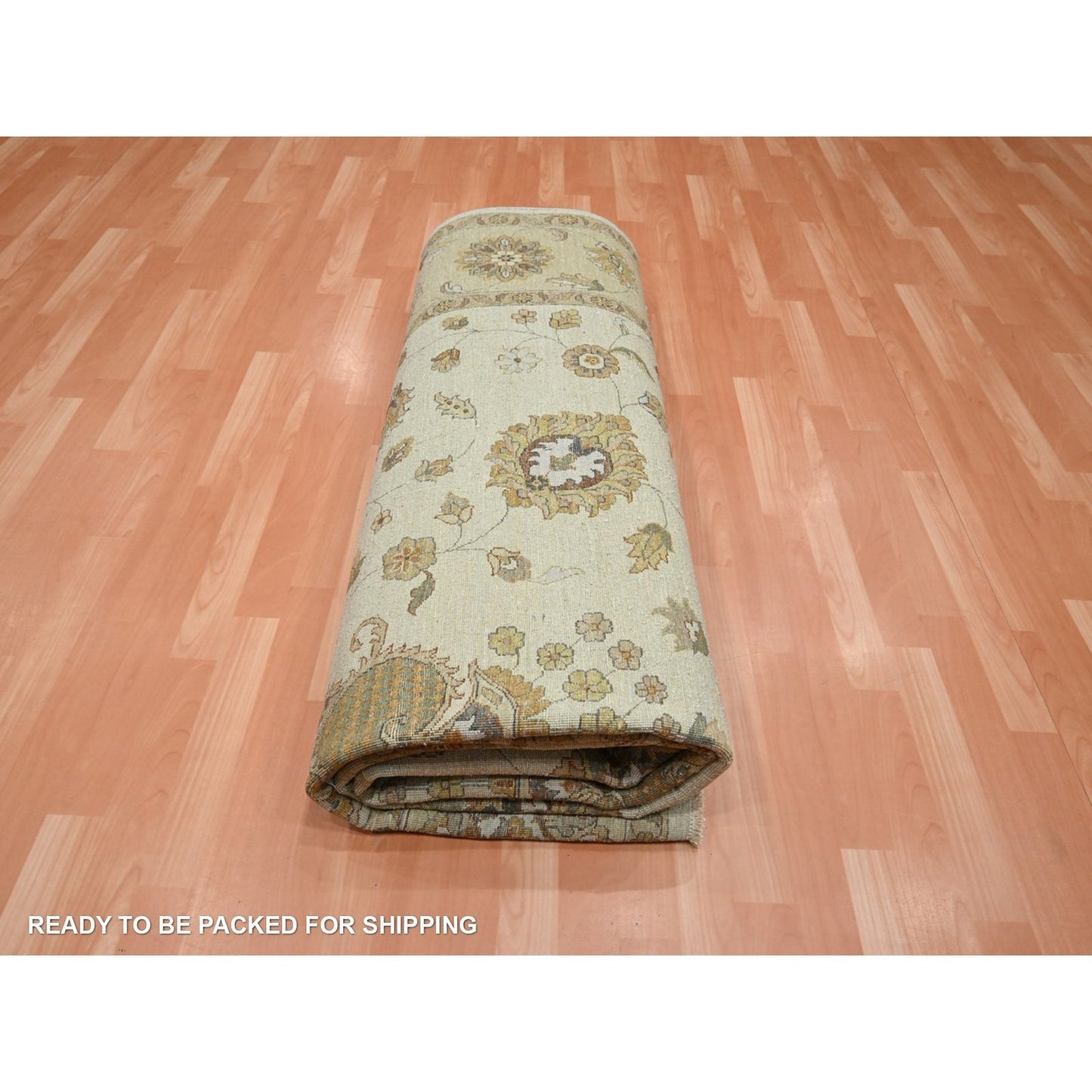 8'3"X11'6" Ivory Hand Knotted Agra Ziegler Design Leaf Pattern Wool Rug