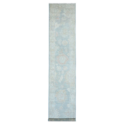 3'X15'6" Blue Angora Oushak Leaf Design Hand Knotted Pure Wool Runner Rug