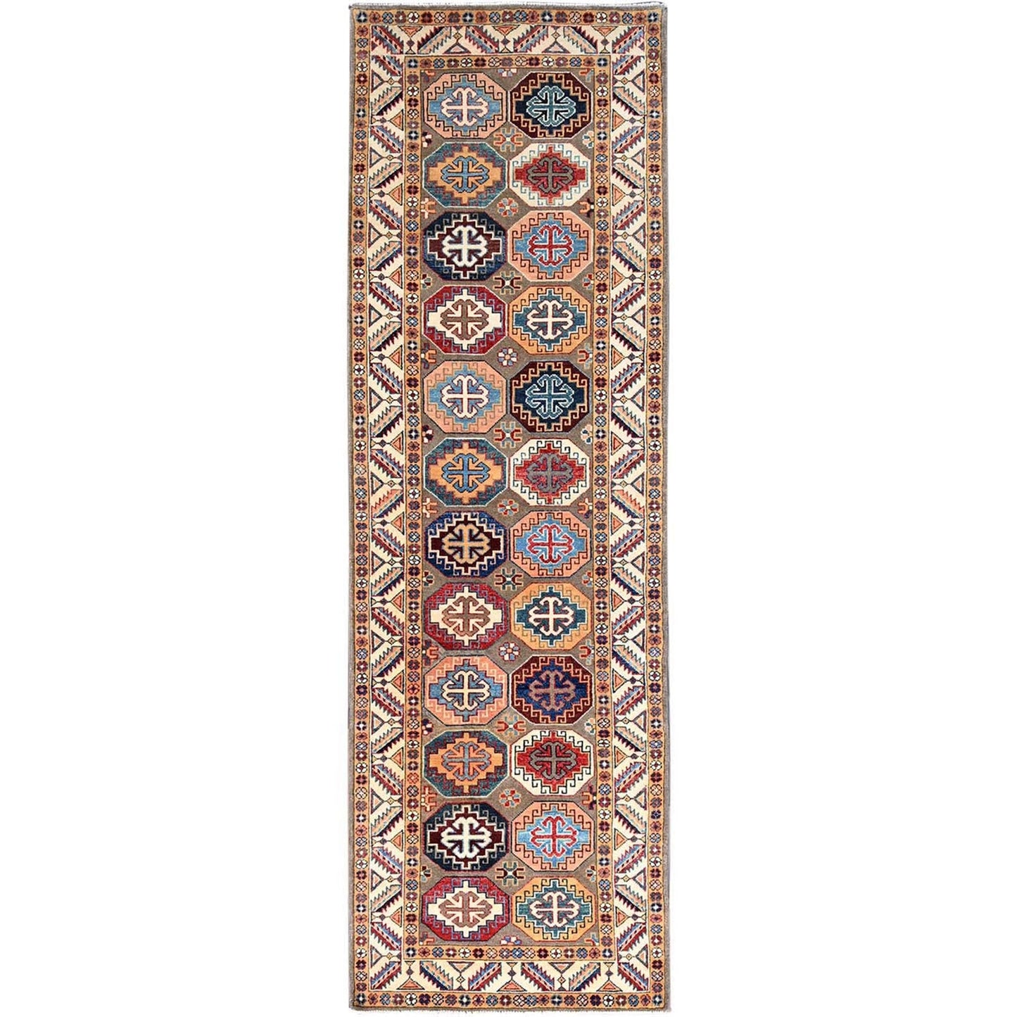 2'10"X9'9" Gray Hand Knotted Special Kazak Pure Wool Wide Runner Rug
