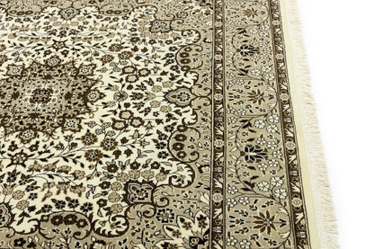 Hand-Knotted Kirman Square Rug Cream Floral Wool