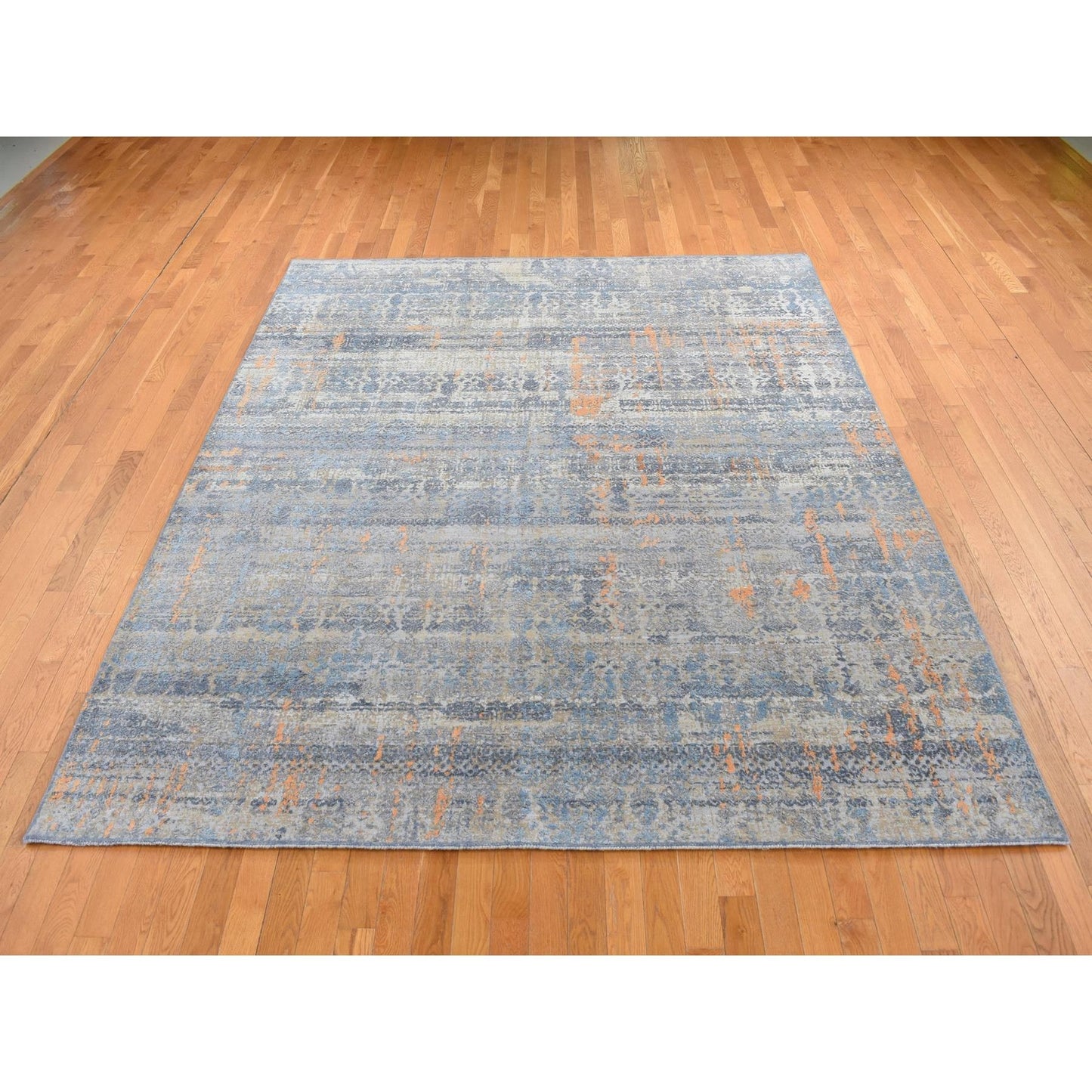 8'X10' Sky Blue Silk With Wool Modern Design Hand Knotted Rug