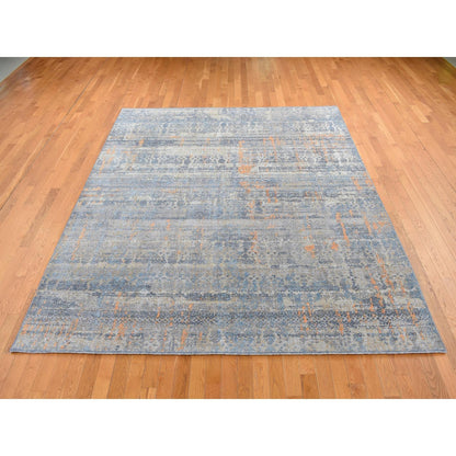 8'X10' Sky Blue Silk With Wool Modern Design Hand Knotted Rug