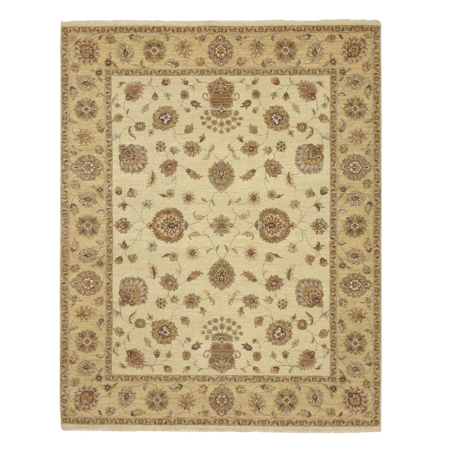 7'3"X9'3" Ivory Hand Knotted Agra Ziegler Design Leaf Pattern Wool Rug