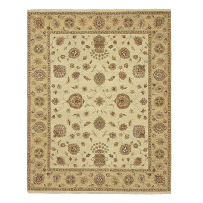 7'3"X9'3" Ivory Hand Knotted Agra Ziegler Design Leaf Pattern Wool Rug