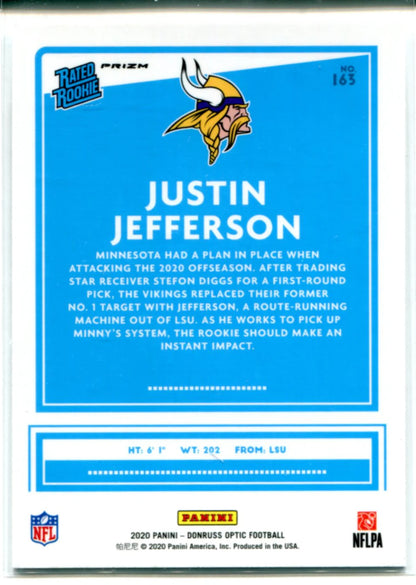 Justin Jefferson 2020 Panini Optic Rated Rookie Silver Prizm Card #163