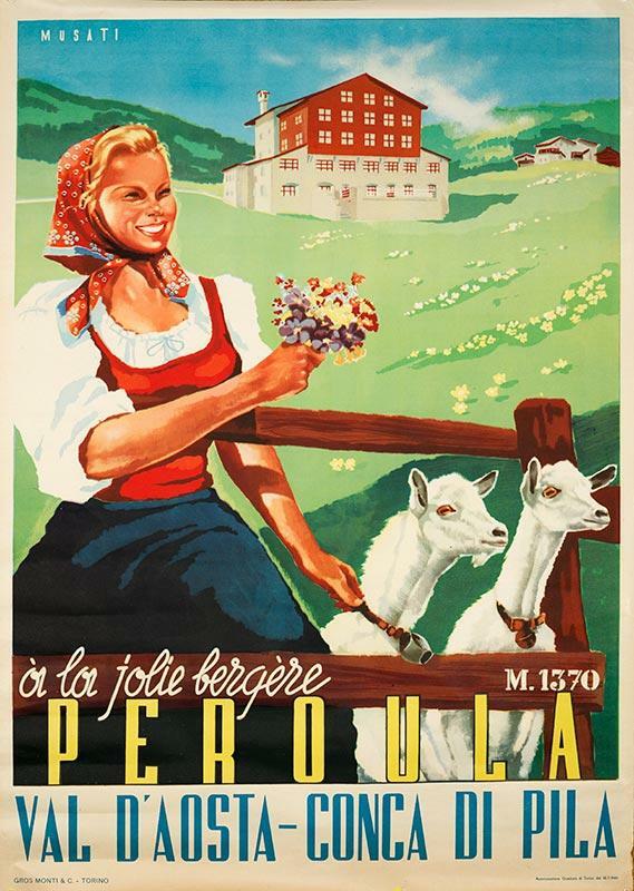 Jolie Bergere Peroula Val D'Aosta By Arnaldo Musati Italian Travel Poster 1949