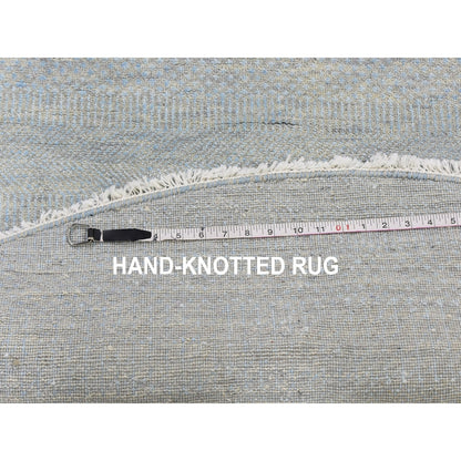 Rug 6'x6' Blue Grass Design Wool and Silk Round Hand Knotted Oriental