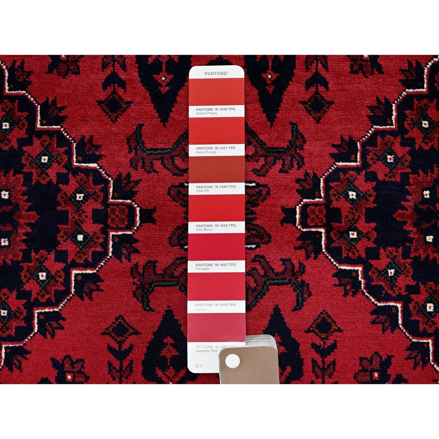 5'X7' Chili Red Hand Knotted Afghan Khamyab Geometric Design Pure Wool Rug