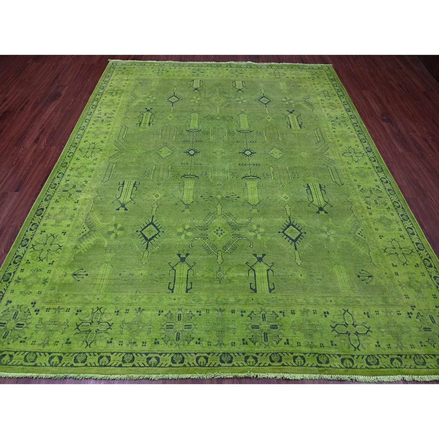 8'X9'6" Green Overdyed Kazak Geometric Pattern Hand Knotted 100% Wool Rug