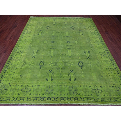 8'X9'6" Green Overdyed Kazak Geometric Pattern Hand Knotted 100% Wool Rug
