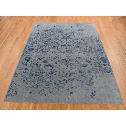 7'10"X10' Battleship Gray Jacquard Hand Loomed Hand Knotted Pure Wool Rug