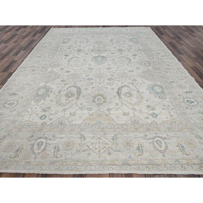 9'1"X11'8" Chiffon White White Wash Peshawar Hand Knotted Pure Wool Rug