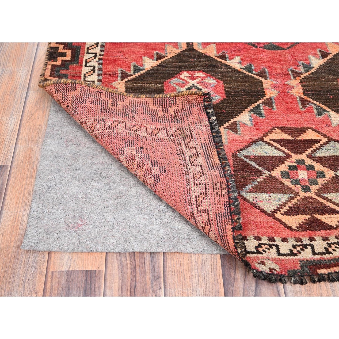 3'5"X6'10" Red Evenly Worn Wool Hand Knotted Oriental Rug