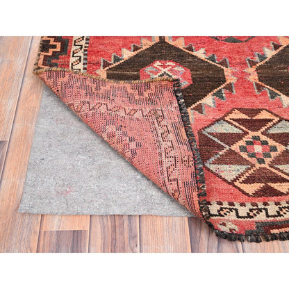 3'5"X6'10" Red Evenly Worn Wool Hand Knotted Oriental Rug