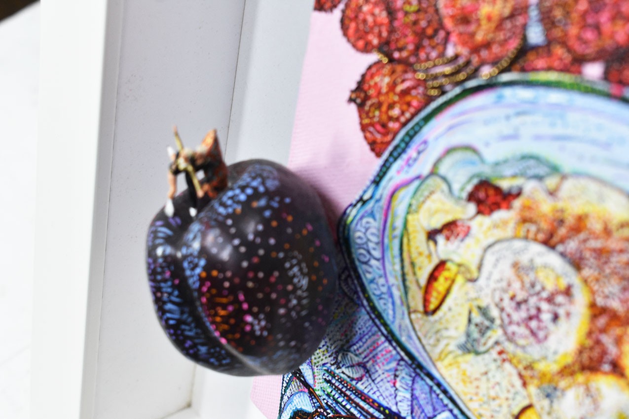 Mimi Yokoo Original Mixed Media Canvas Painting Skating Prune et Pomme