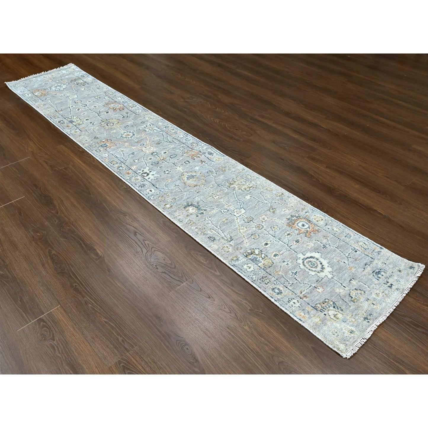 2'3"X11'2" Gray Oushak Design Soft Velvety Wool Hand Knotted Runner Rug
