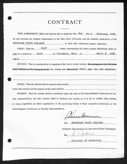 Michigan State Head Coach Biggie Munn Signed Auto Contract JSA BA199641
