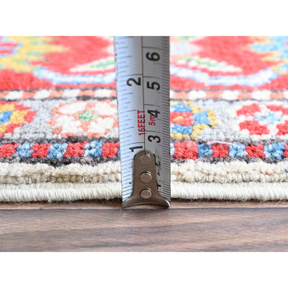 3'2"X5'3" White Hand Knotted Kazak Geometric Medallions Design All Wool Rug
