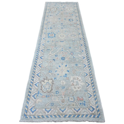 2'10"X9'7" Gray Angora Oushak Leaf Design Hand Knotted Wool Runner Rug
