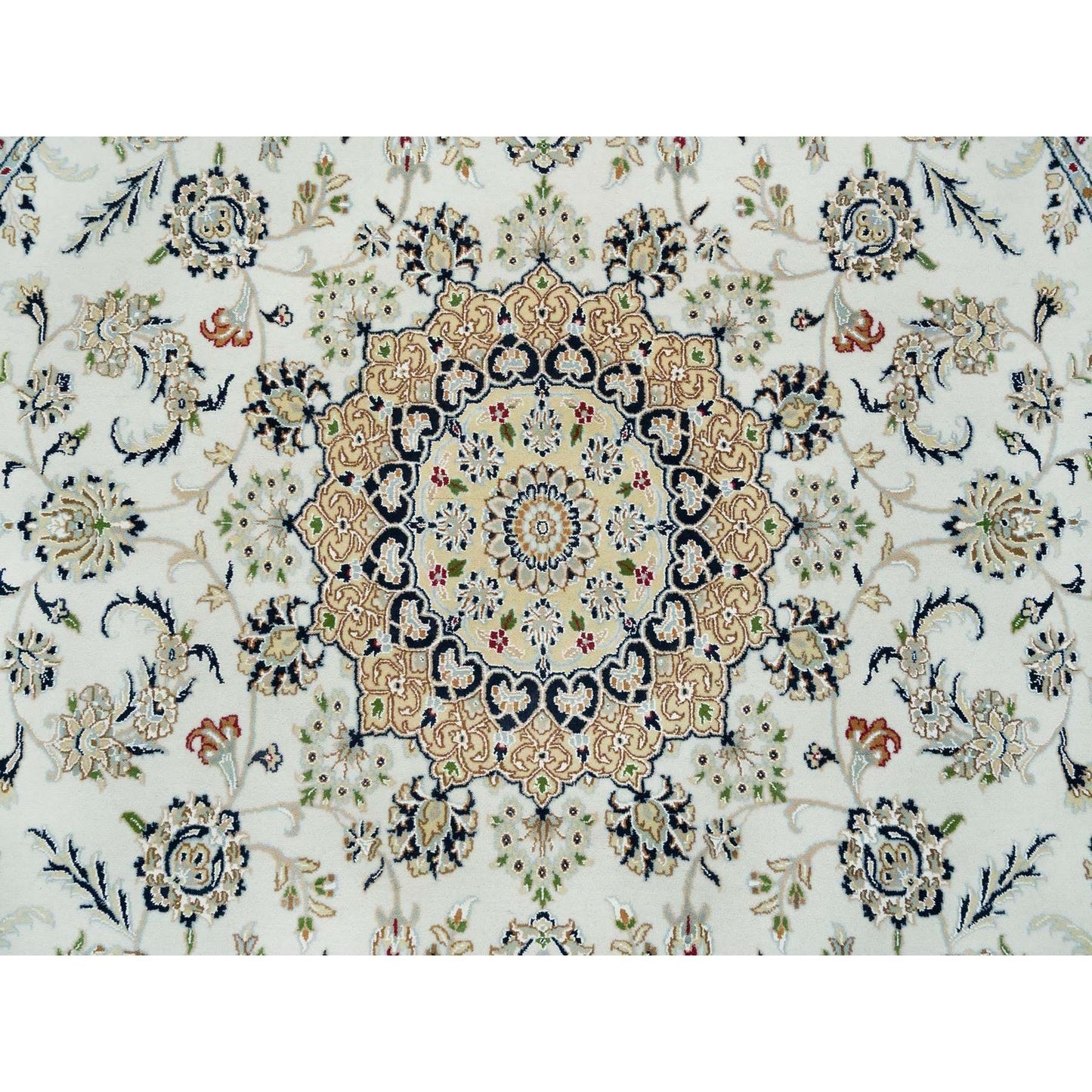 7'10"X7'10" Ivory Wool Hand Knotted Nain Design 250 Kpsi Round Rug