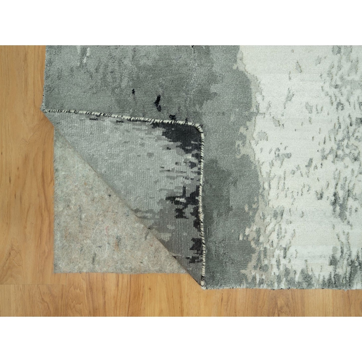 4'X10' Shadow Black Hand Knotted Abstract Wool And Silk Wide Runner Rug