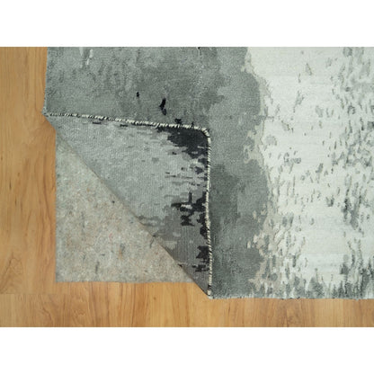 4'X10' Shadow Black Hand Knotted Abstract Wool And Silk Wide Runner Rug