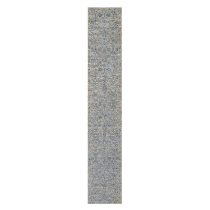 2'7'X15'9" White Hand Knotted Sickle Leaf Design Silk & Wool Runner Rug