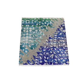 2'X2' Sample Gray Sari Silk With Textured Wool Hand Knotted Oriental Rug