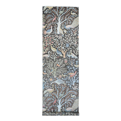 4'X15'10" Gray Hand Knotted Wool Birds Paradise Peshawar Wide Runner Rug