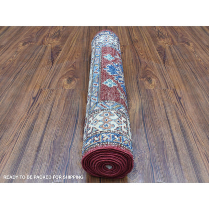 2'7"X8'10" Wool Hand Knotted Red Super Kazak Tribal Medallions Runner Rug