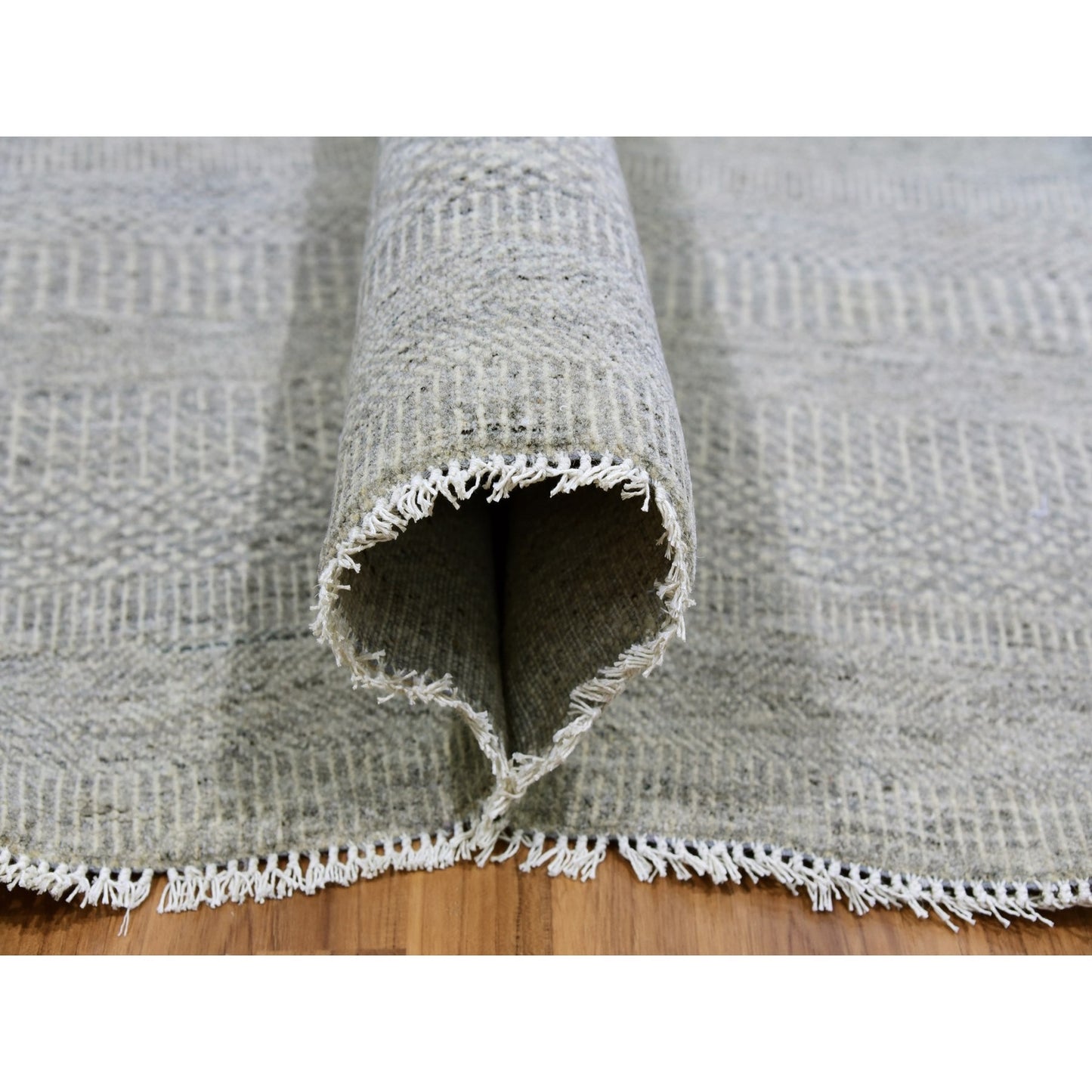 Rug 10'x10' Gray Undyed 100% Wool Modern Grass Design Hand Knotted Square