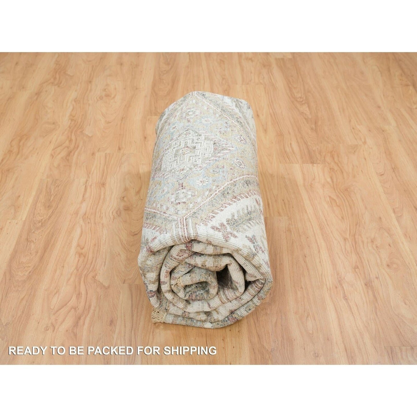 9'9"X9'9" Ivory Hand Knotted Flower Rosettes Border Round Oriental Rug