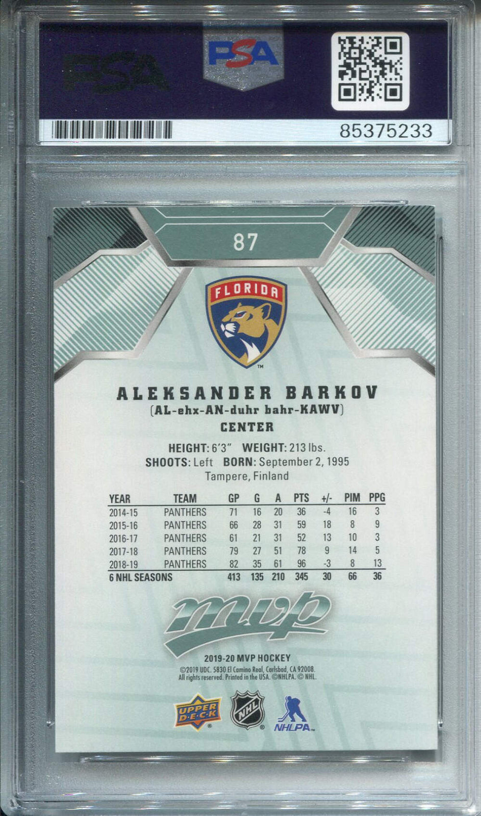 Aleksander Barkov Autographed Upper Deck Card Psa Auto Grade 10