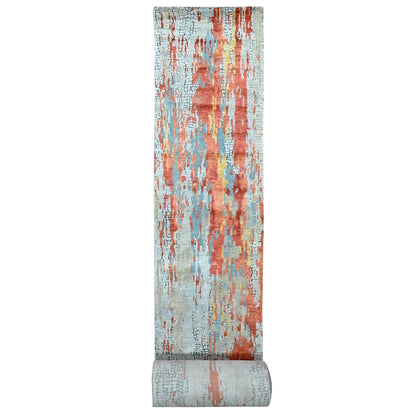 2'5"X25'8" Dark Coral Abstract Hand Knotted Wool And Silk Xl Runner Rug