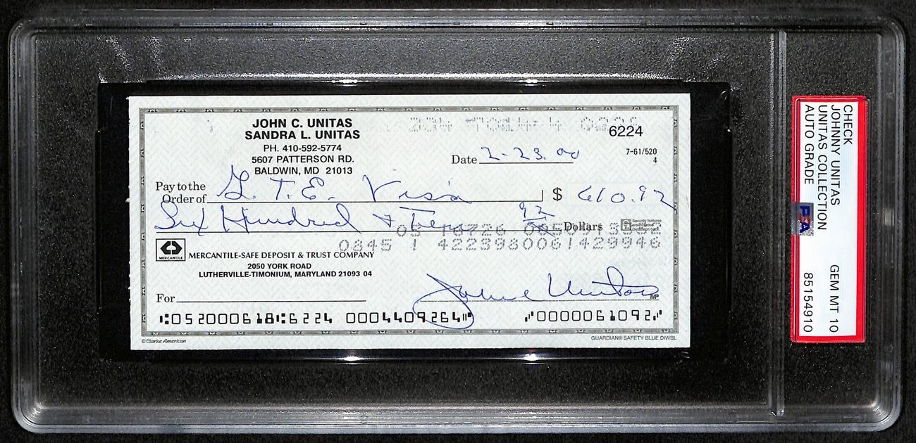 Johnny Unitas Hof Signed/Auto 2000 Bank Check Colts Psa/Dna Gem Mt 10 189584