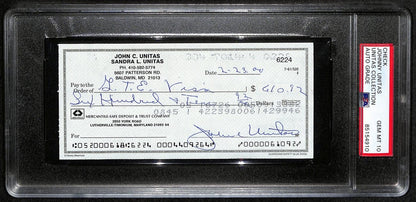 Johnny Unitas Hof Signed/Auto 2000 Bank Check Colts Psa/Dna Gem Mt 10 189584
