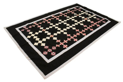 Black floral dhurrie wool rug flat weave reversible oriental carpet