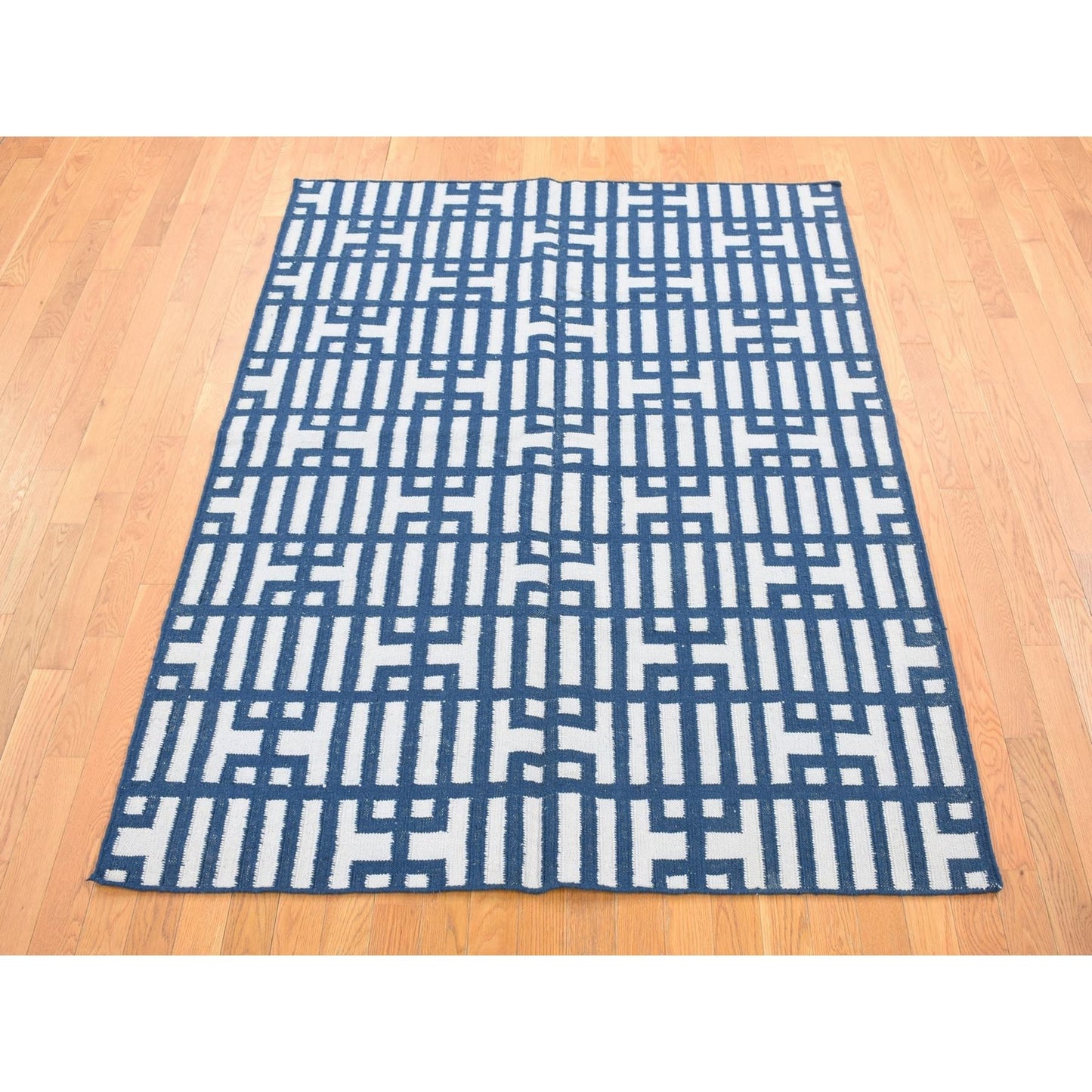 5'2"X7' Yale Blue Kilim Design Flat Weave Hand Woven Organic Wool