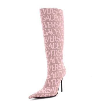 Versace Women'S Logo Knee High Boots Printed Canvas