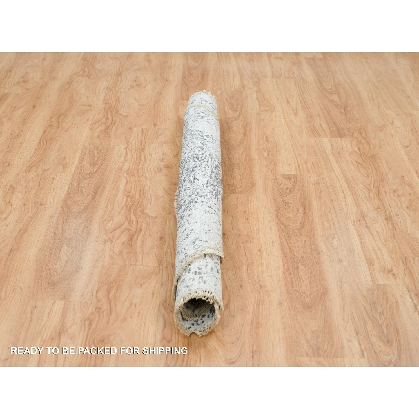 6'X6' Ice Gray Wool And Silk Broken And Erased Hand Knotted Oriental Rug