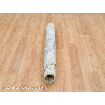 6'X6' Ice Gray Wool And Silk Broken And Erased Hand Knotted Oriental Rug