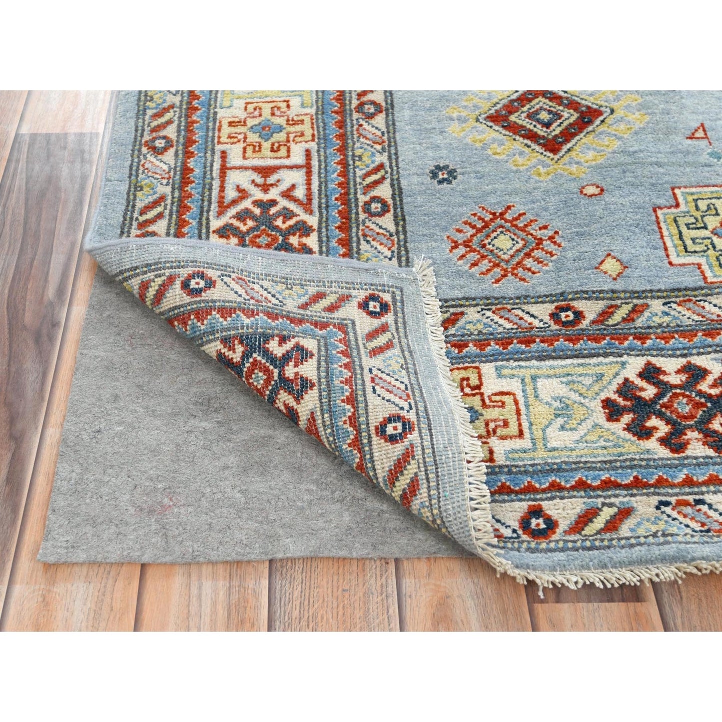 6'1"X8'9" Blue Special Kazak With Geometric Design Wool Hand Knotted Rug