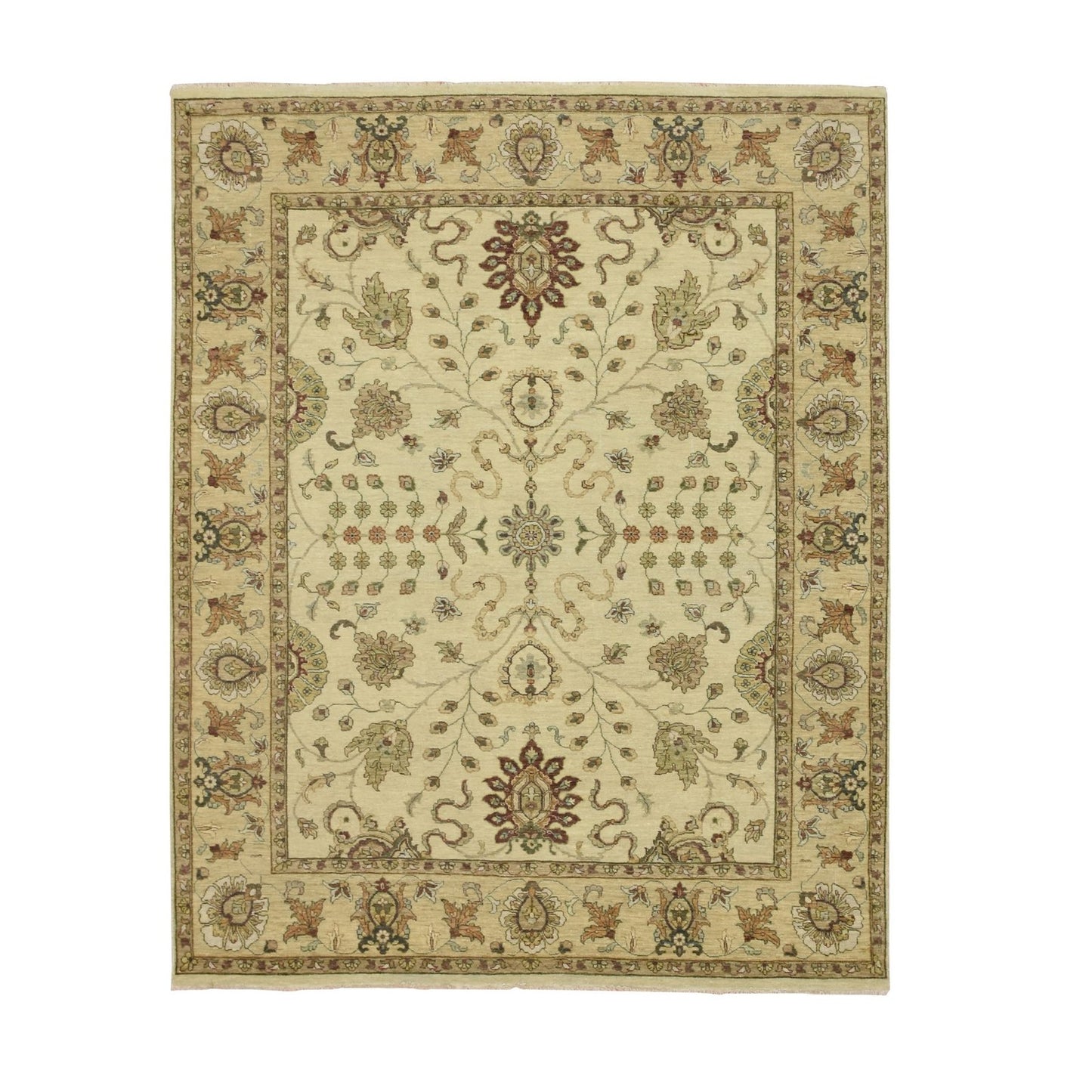 6'5"X8'1" Ivory Hand Knotted Leaf Pattern Agra Ziegler Design Wool Rug