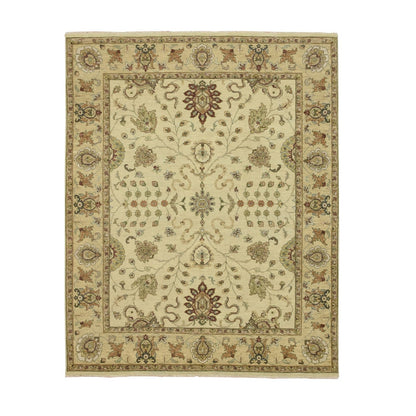 6'5"X8'1" Ivory Hand Knotted Leaf Pattern Agra Ziegler Design Wool Rug