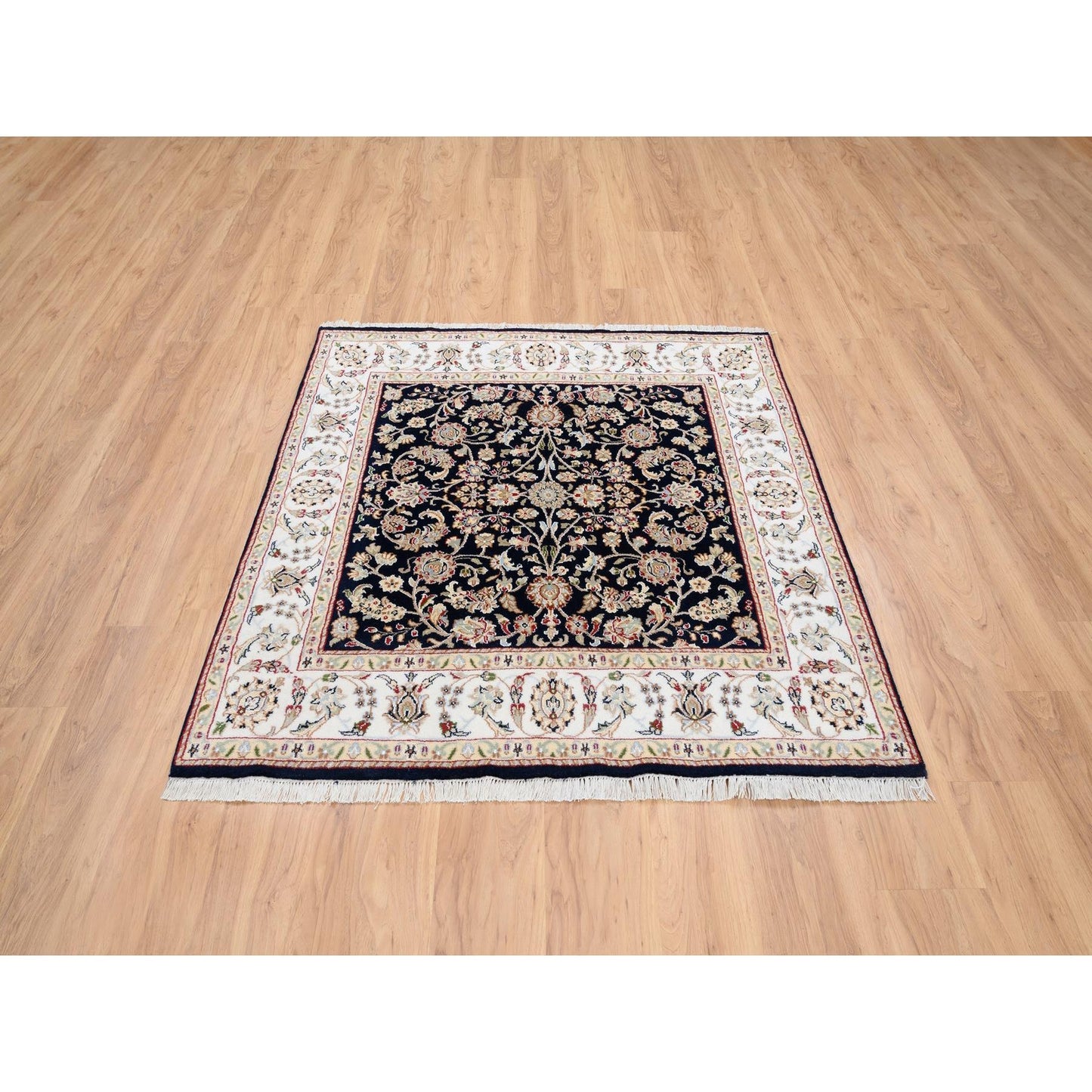 5'X5' Midnight Blue Hand Knotted Nain 250 Kpsi Pure Wool Square Rug