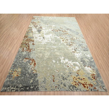 7'10"X10'1" Gray Abstract Design Pure Wool Hand Knotted Oriental Rug