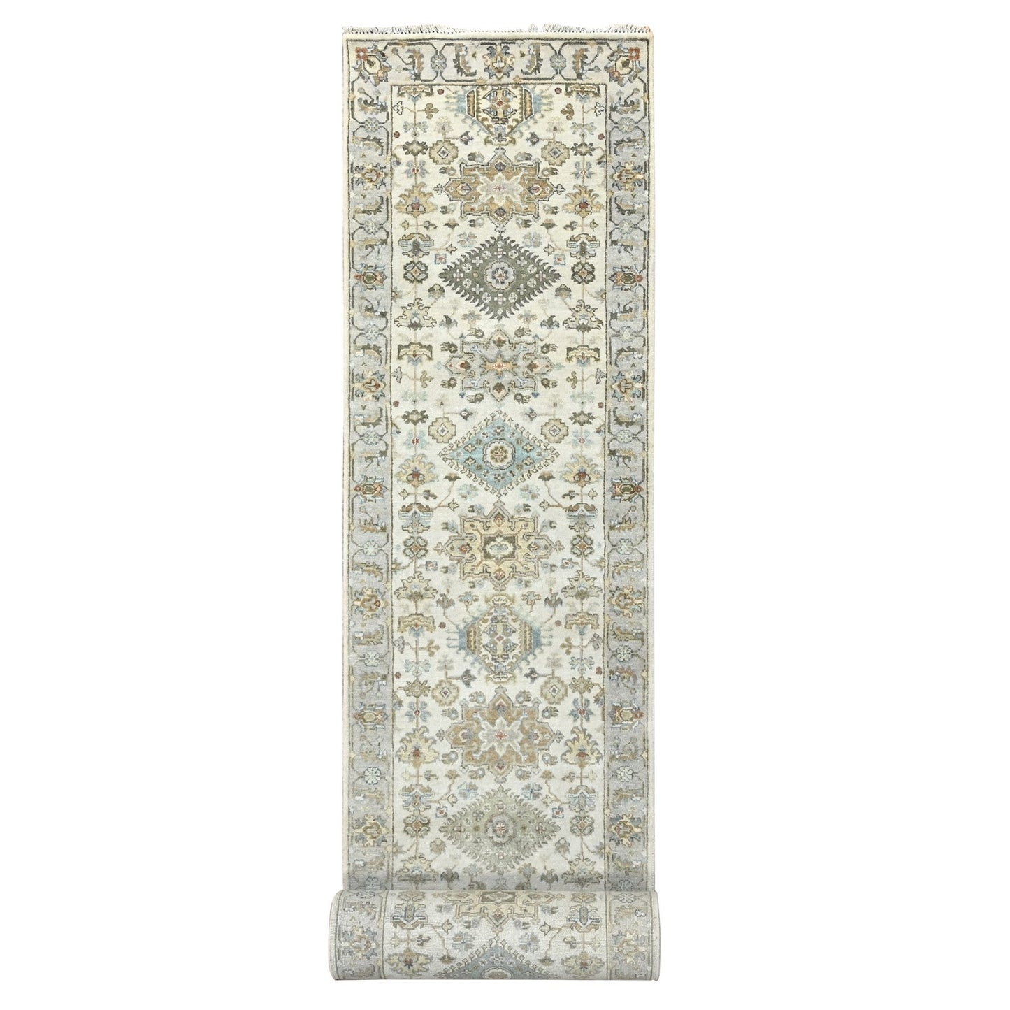 2'9"X17'10" Ivory Shiny Wool Hand Knotted Karajeh Design Xl Runner Rug