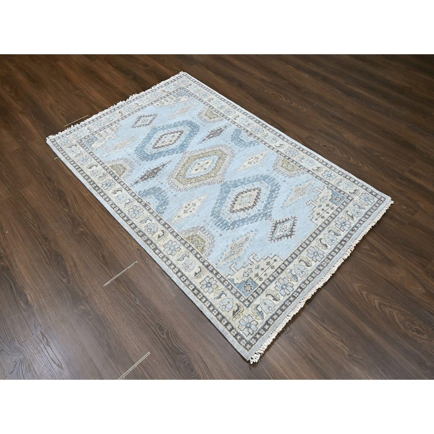 4'1"X6' Gray Village Inspired Geometric Design Pure Wool Hand Knotted Rug